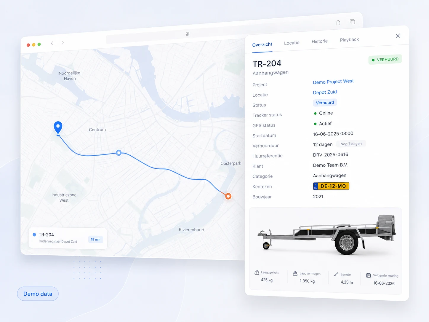 GPS-locatie, verhuurstatus en materieeldetails binnen het Haga Rent-platform